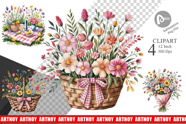 Pink Gingham Summer Florals Clipart Sublimation artnoy 