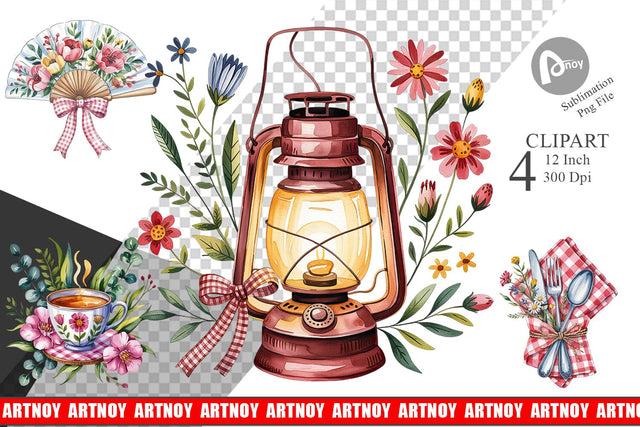 Pink Gingham Summer Florals Clipart Sublimation artnoy 