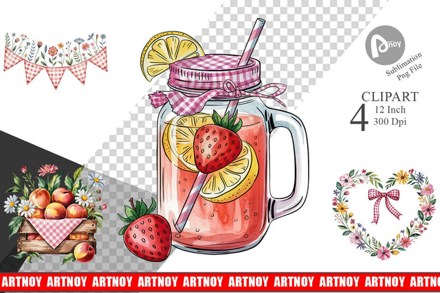 Pink Gingham Summer Florals Clipart Sublimation artnoy 