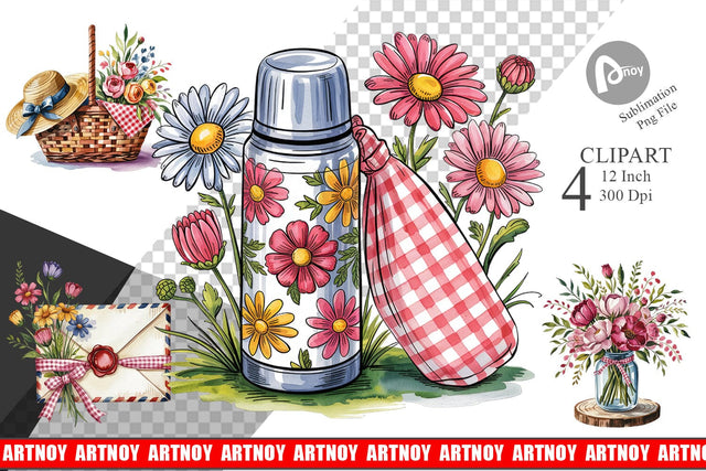 Pink Gingham Summer Florals Clipart Sublimation artnoy 