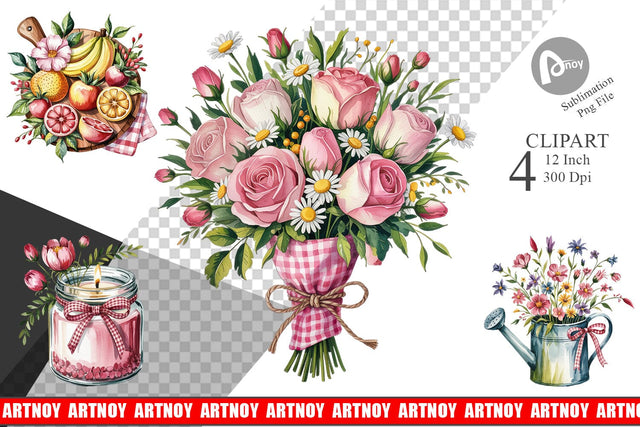 Pink Gingham Summer Florals Clipart Sublimation artnoy 