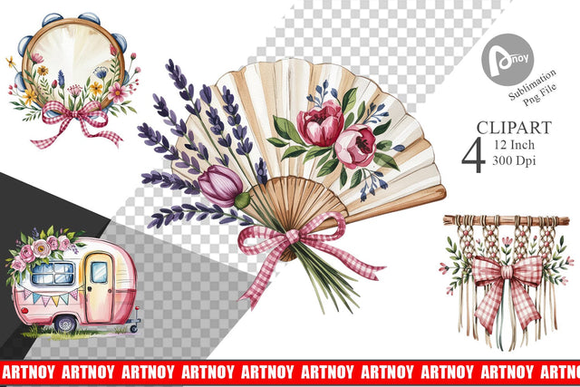Pink Gingham Summer Florals Clipart Sublimation artnoy 