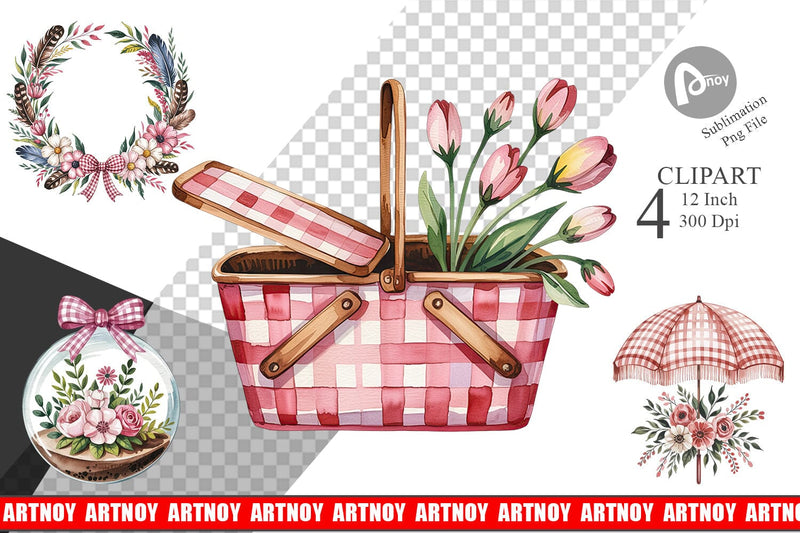 Pink Gingham Summer Florals Clipart Sublimation artnoy 