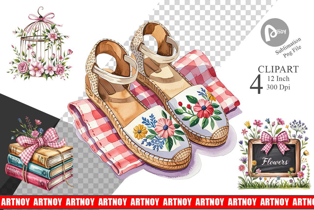 Pink Gingham Summer Florals Clipart Sublimation artnoy 