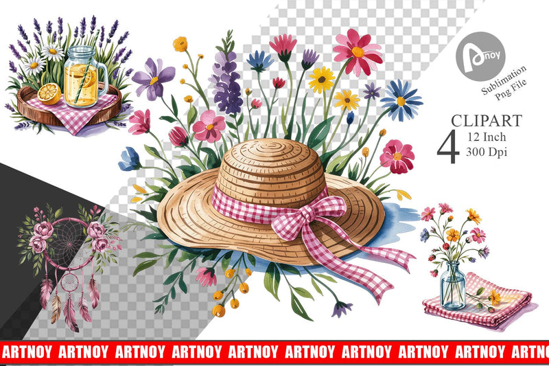 Pink Gingham Summer Florals Clipart Sublimation artnoy 