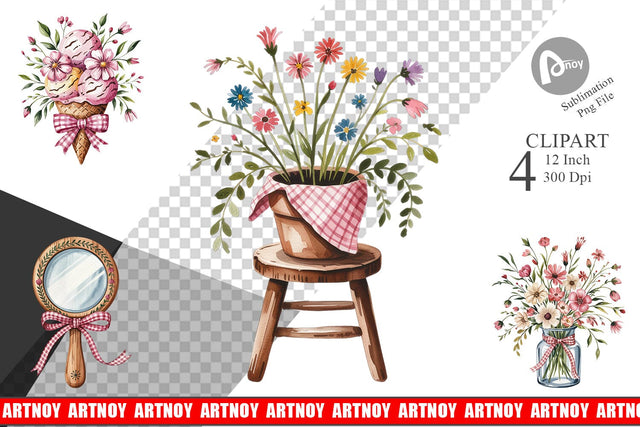 Pink Gingham Summer Florals Clipart Sublimation artnoy 