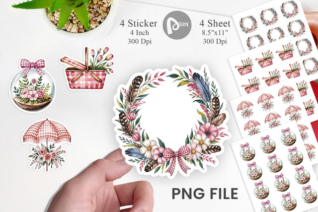 Pink Gingham Summer Florals Sticker Sublimation artnoy 
