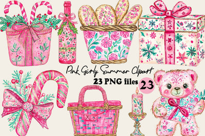 Pink Girly Summer Clipart PNG Bundle. Sublimation SVGArt 