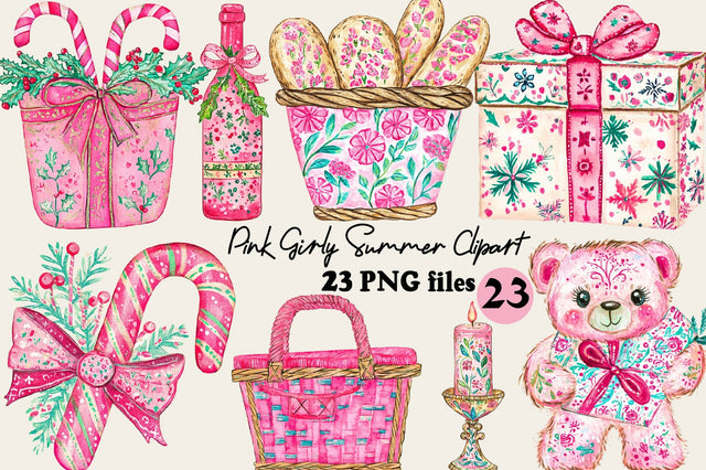 Pink Girly Summer Clipart PNG Bundle. Sublimation SVGArt 