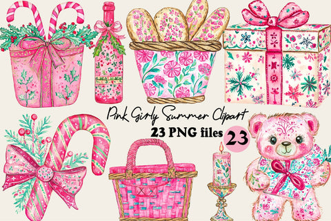 Pink Girly Summer Clipart PNG Bundle. Sublimation SVGArt 