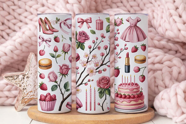 Pink Girly Watercolor 20oz Tumbler Wrap Sublimation DesignSVG 