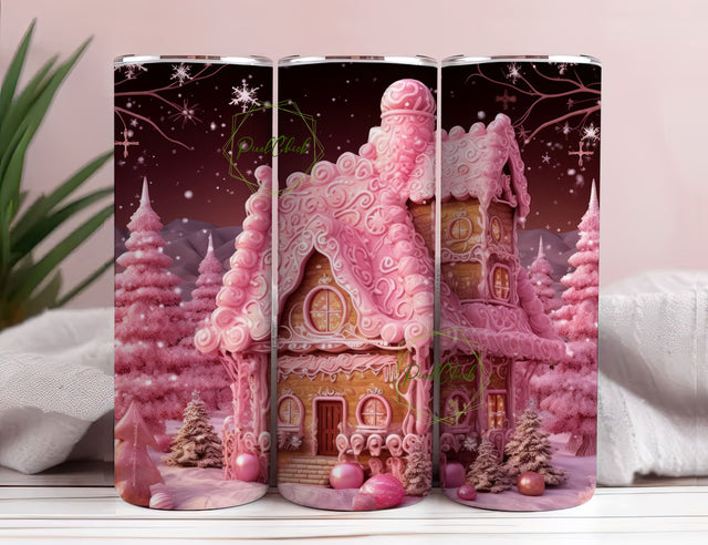 Pink Glam Christmas Tree Gingerbread House 20 Oz Tumbler Wrap for Straight Tapered Tumbler PNG File Digital Download Sublimation Design Sublimation PixelChick 