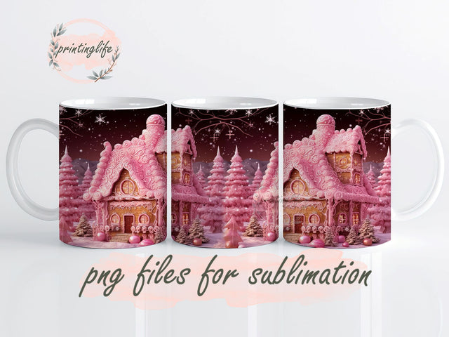 Pink Glam Christmas Tree Gingerbread House Mug Wrap PNG File Digital Download Sublimation Design 11oz Sublimation PrintingLife 