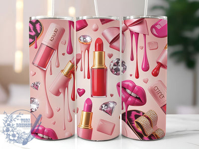 Pink Glam Leopard Lipstick Tumbler Wrap, Lipstick Theme, Cosmetics Design, Leopard Print, Bow Accent, Heart Motif, Diamond Sparkle Sublimation ToriDesigns 