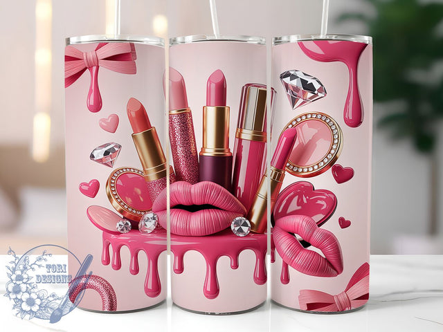 Pink Glam Leopard Lipstick Tumbler Wrap, Lipstick Theme, Cosmetics Design, Leopard Print, Bow Accent, Heart Motif, Diamond Sparkle Sublimation ToriDesigns 