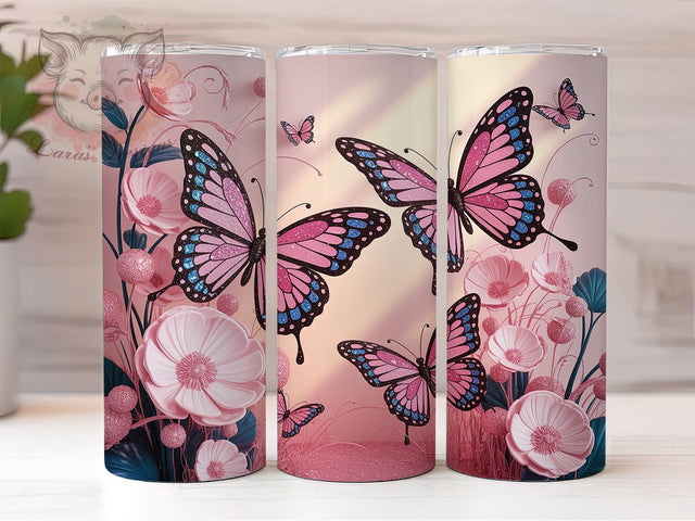 Pink Glitter Butterfly Tumbler, Floral Design, Pink Glitter, Elegant Style, Nature Theme, 20Oz Tumbler, Sublimation Wrap Sublimation Lara' s Designs 