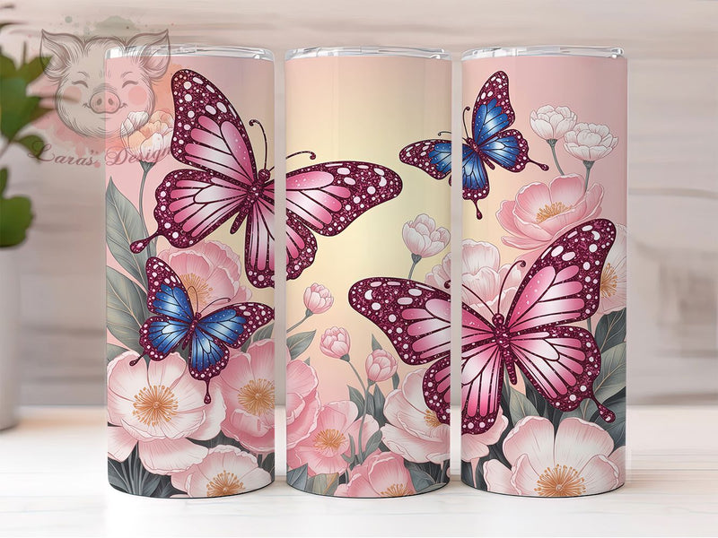 Pink Glitter Butterfly Tumbler, Floral Design, Pink Glitter, Elegant Style, Nature Theme, 20Oz Tumbler, Sublimation Wrap Sublimation Lara' s Designs 