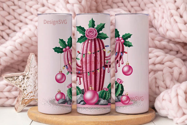 Pink Glitter Christmas Cactus 20oz Sublimation DesignSVG 
