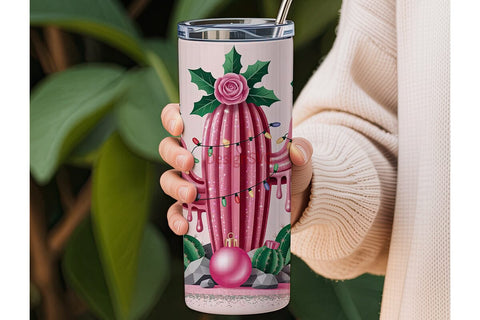 Pink Glitter Christmas Cactus 20oz Sublimation DesignSVG 