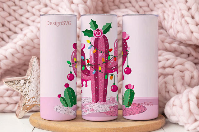 Pink Glitter Christmas Cactus 20oz Sublimation DesignSVG 