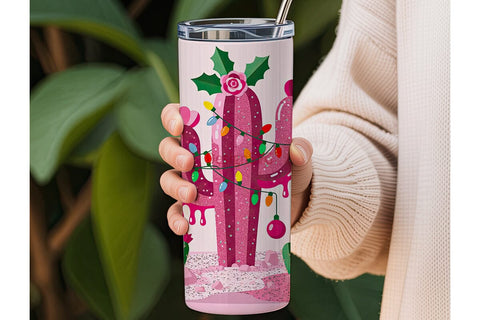 Pink Glitter Christmas Cactus 20oz Sublimation DesignSVG 