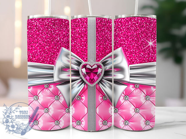 Pink Glitter Coquette Heart Tumbler, Coquette Bow Wrap, Glam Diamond Quilt Cup, Romantic Sublimation Design, Valentine Gift Tumbler, Sweet Gem Hearts Wrap, Adorable Glam Cup Sublimation ToriDesigns 