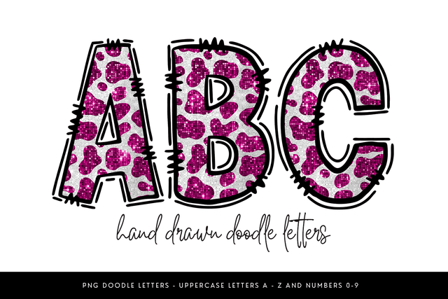 Pink Glitter Cowprint Alphabet PNG, Doodle Letters Clipart, Sublimation BijouBay 