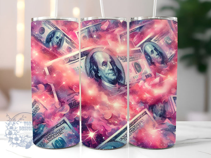 Pink Glitter Dollar Bill 20oz Skinny Tumbler, Glitter Dollar Tumbler Png, Straight & Tapered Tumbler Wrap, Instant Digital Download Sublimation ToriDesigns 