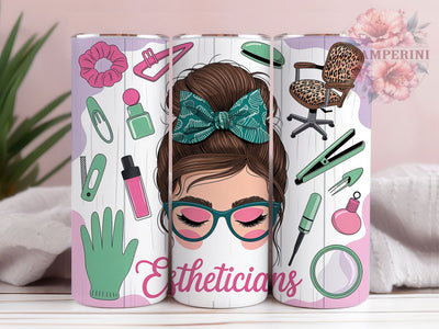 Pink Glitter Esthetician Spa Tumbler, Messy Bun Pink Glitter Cup, Beauty Spa 20Oz Sublimation Design, Skincare Specialist Drinkware, Salon Professional Gift Idea, Glamorous Spa Tumbler Sublimation Li Zamperini 