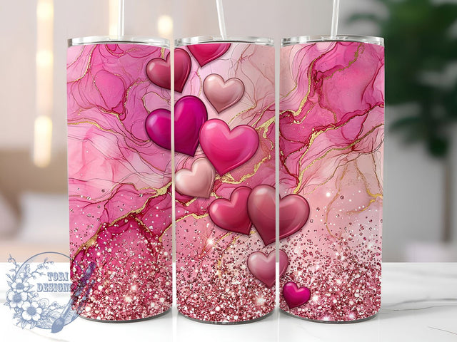 Pink Glitter Hearts 20oz Tumbler, Glitter Heart Motif, Pink Art Design, Glam Theme, Romantic Accent, Whimsical Charm, Sublimation Wrap, 20oz Tumbler Sublimation ToriDesigns 