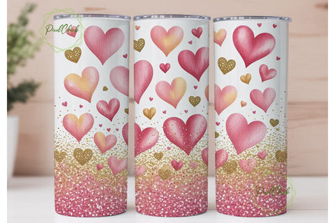 Pink Glitter Hearts 20oz Tumbler Wrap Sublimation PixelChick 