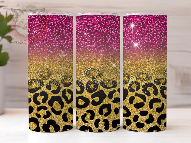 Pink Glitter Leopard Glam 20oz Tumbler, Leopard Print, Ombre Glitter, Fashion Design, Glamorous Style, 20oz Tumbler Wrap, Sublimation PNG Sublimation Lara' s Designs 