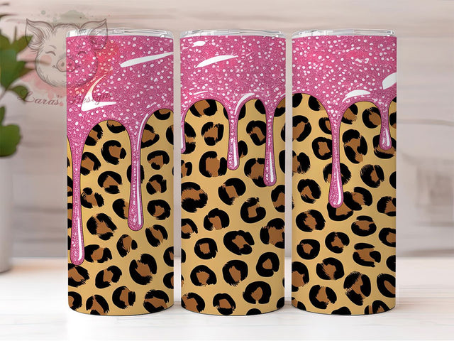 Pink Glitter Leopard Tumbler, Glitter Drip Wrap, Leopard Print Sublimation, 20oz Leopard Tumbler, Sparkly Animal Print Art, Fashion Leopard Mug, Whimsical Glitter Cup Sublimation Lara' s Designs 