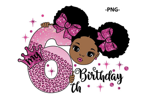 Pink Glitter My 6th Birthday Girl Afro Princess PNG Clipart Digital Download Cute Black Girl Birthday Party Shirt Sublimation Design SVG 1uniqueminute 