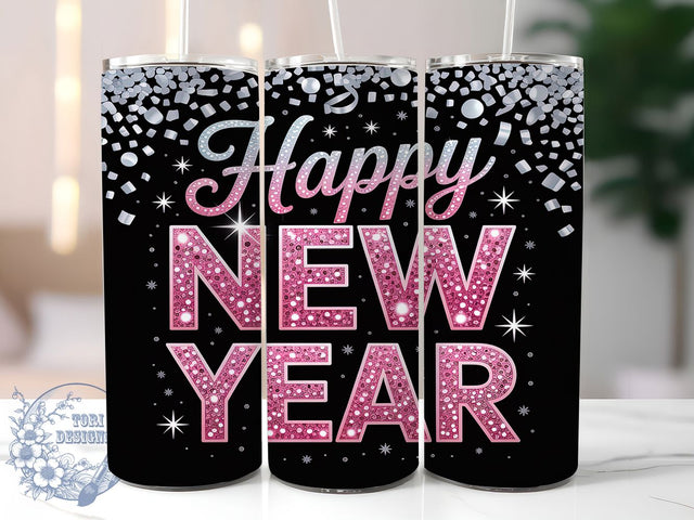 Pink Glitter New Year Tumbler, Happy New Year Png, Sequin Sublimation, 20oz Skinny Tumbler, New Years Eve Wrap, Pink New Year, Sparkly Tumbler Design Sublimation ToriDesigns 