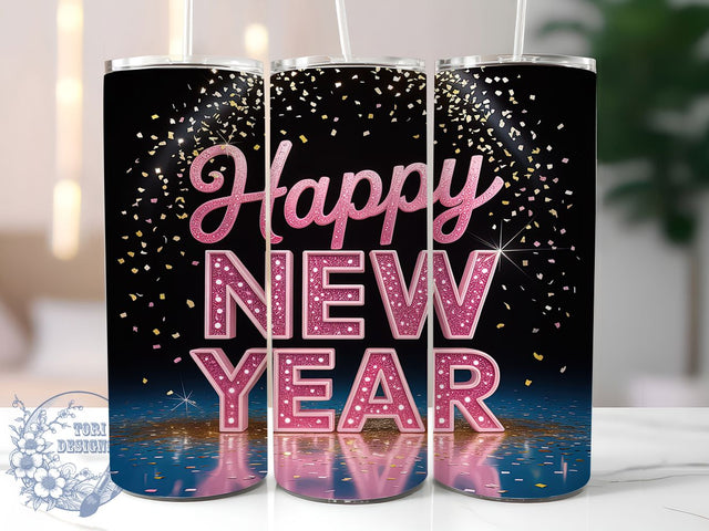 Pink Glitter New Year Tumbler, Happy New Year Png, Sequin Sublimation, 20oz Skinny Tumbler, New Years Eve Wrap, Pink New Year, Sparkly Tumbler Design Sublimation ToriDesigns 