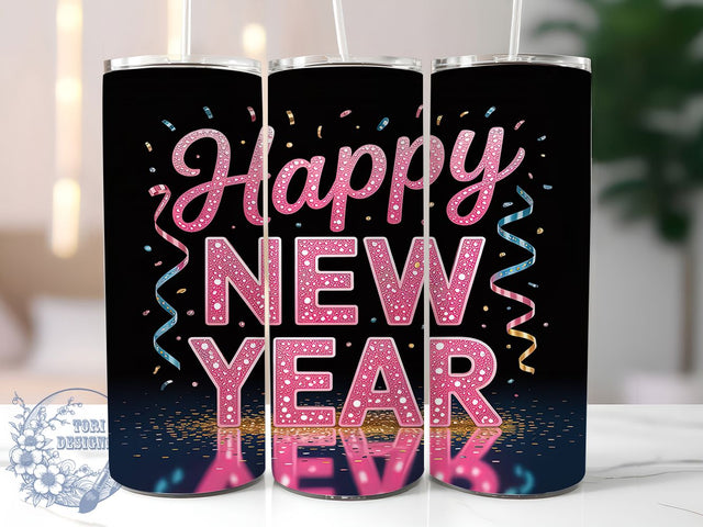 Pink Glitter New Year Tumbler, Happy New Year Png, Sequin Sublimation, 20oz Skinny Tumbler, New Years Eve Wrap, Pink New Year, Sparkly Tumbler Design Sublimation ToriDesigns 