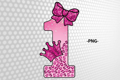 Pink Glitter One PNG Birthday Number 1 With Crown and Bow Design for Girl First Birthday Sublimation Clipart Digital File SVG 1uniqueminute 
