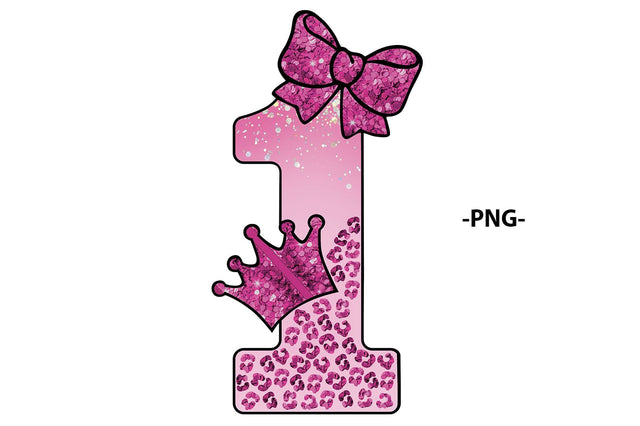 Pink Glitter One PNG Birthday Number 1 With Crown and Bow Design for Girl First Birthday Sublimation Clipart Digital File SVG 1uniqueminute 