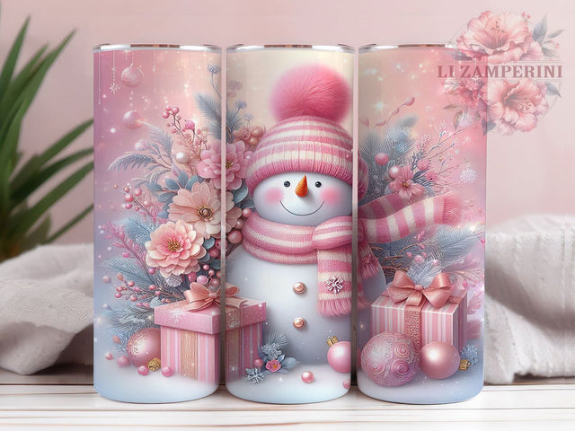 Pink Glitter Snowman Christmas Tumbler, Sparkly Christmas Wrap, 20Oz Skinny Tumbler, Glitter Holiday Sublimation, Cute Winter Snowman Design, Pastel Christmas Tumbler, Festive Pink Wrap Sublimation Li Zamperini 