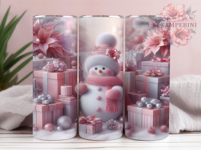 Pink Glitter Snowman Christmas Tumbler, Sparkly Christmas Wrap, 20Oz Skinny Tumbler, Glitter Holiday Sublimation, Cute Winter Snowman Design, Pastel Christmas Tumbler, Festive Pink Wrap Sublimation Li Zamperini 