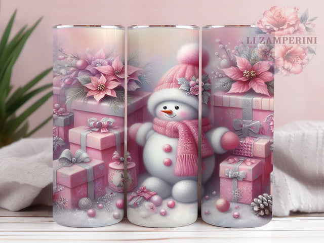 Pink Glitter Snowman Christmas Tumbler, Sparkly Christmas Wrap, 20Oz Skinny Tumbler, Glitter Holiday Sublimation, Cute Winter Snowman Design, Pastel Christmas Tumbler, Festive Pink Wrap Sublimation Li Zamperini 