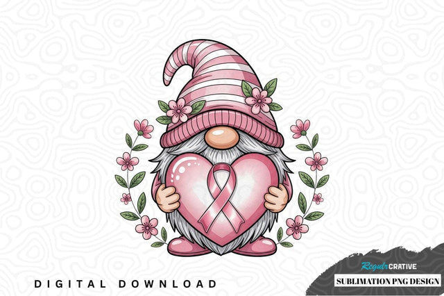 Pink gnome with awareness ribbon heart sublimation png design Sublimation Regulrcrative 