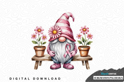 Pink gnome with breast cancer awareness ribbon sublimation png design Sublimation Regulrcrative 