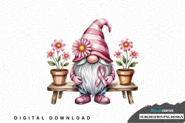 Pink gnome with breast cancer awareness ribbon sublimation png design Sublimation Regulrcrative 