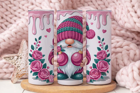 Pink Gnome with Roses 20oz Tumbler Wrap Sublimation DesignSVG 