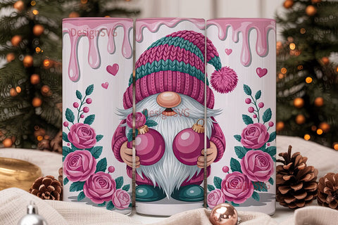 Pink Gnome with Roses 20oz Tumbler Wrap Sublimation DesignSVG 