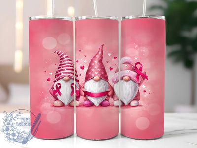 Pink Gnomes Ribbon Trio 20oz Tumbler, Breast Cancer, Pink Ribbon, Awareness Trio, October Support, Skinny Tumbler, Sublimation PNG Sublimation ToriDesigns 