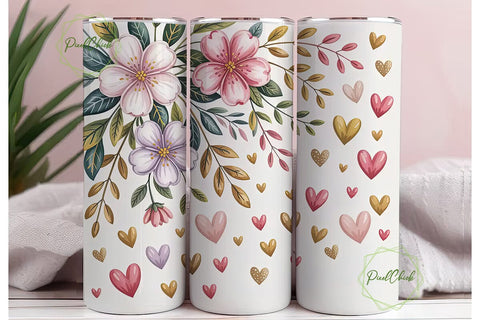 Pink & Gold Floral Hearts 20oz Tumbler Sublimation PixelChick 