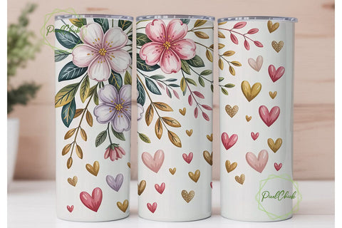 Pink & Gold Floral Hearts 20oz Tumbler Sublimation PixelChick 